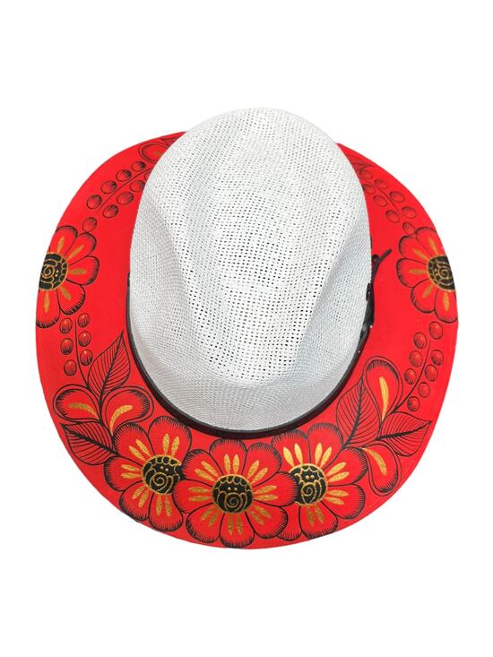 Gonzalez Accessories - HAT MEXICAN Artisanal Hand Painted Fedora Floral Sombrero Panama Bohemian Red